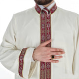 Bursevi Muslim Long Kurta Mens Cream Thobe with Bordures, Jubbah,Galabiyya, Jubbah, Muslim Long Kurta