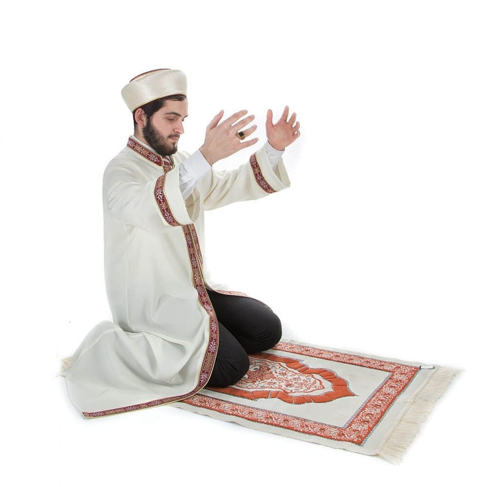 Bursevi Muslim Long Kurta Mens Cream Thobe with Bordures, Jubbah,Galabiyya, Jubbah, Muslim Long Kurta