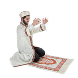 Bursevi Muslim Long Kurta Mens Cream Thobe with Bordures, Jubbah,Galabiyya, Jubbah, Muslim Long Kurta