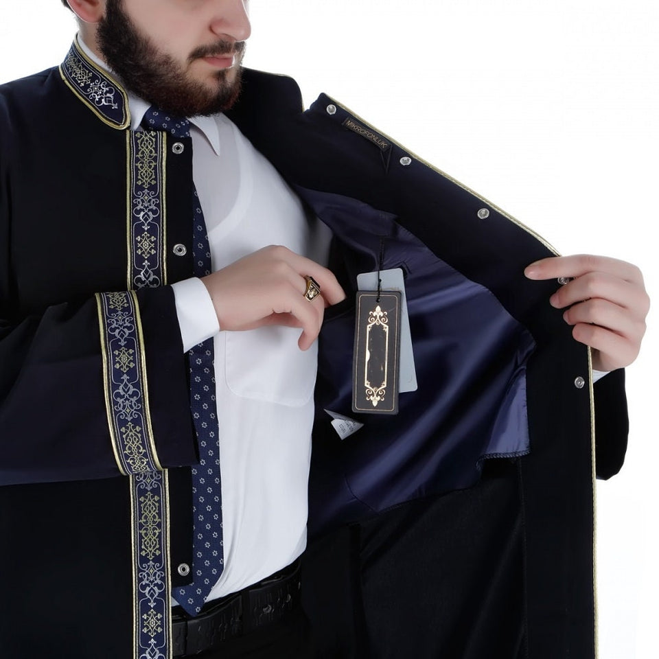 Muntanaa Mens Islamic Wear Navy Blue Thobe with Bordures | Navy blue Long Kurta | Jubbah | Galabiyya | Jubbah | Muslim Long Kurta