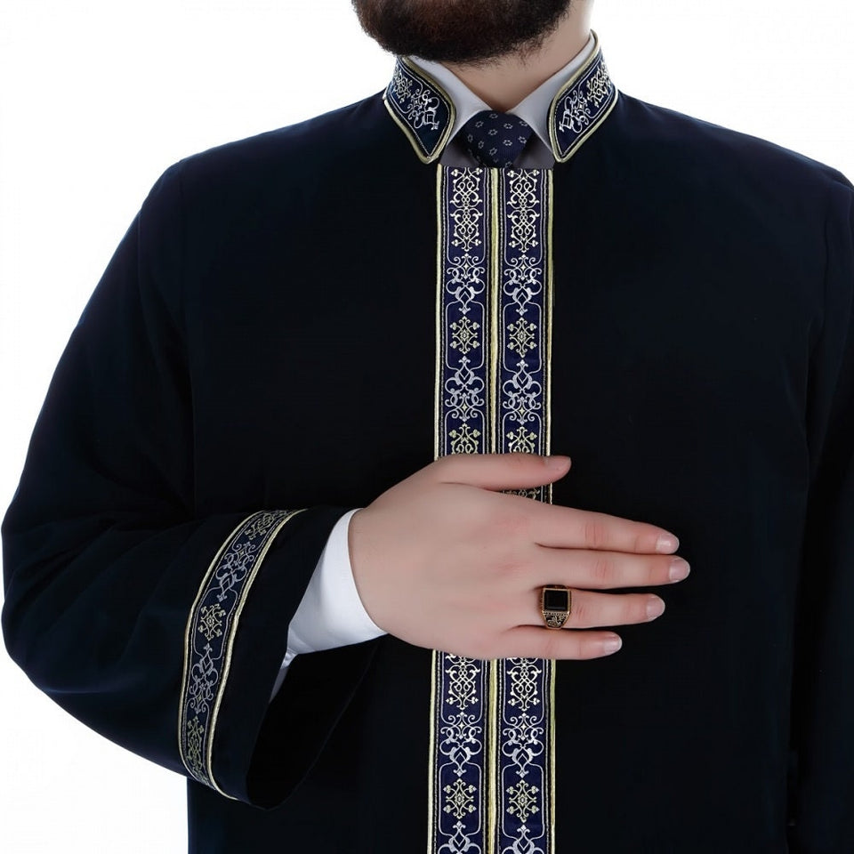Muntanaa Mens Islamic Wear Navy Blue Thobe with Bordures | Navy blue Long Kurta | Jubbah | Galabiyya | Jubbah | Muslim Long Kurta