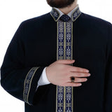 Muntanaa Mens Islamic Wear Navy Blue Thobe with Bordures | Navy blue Long Kurta | Jubbah | Galabiyya | Jubbah | Muslim Long Kurta