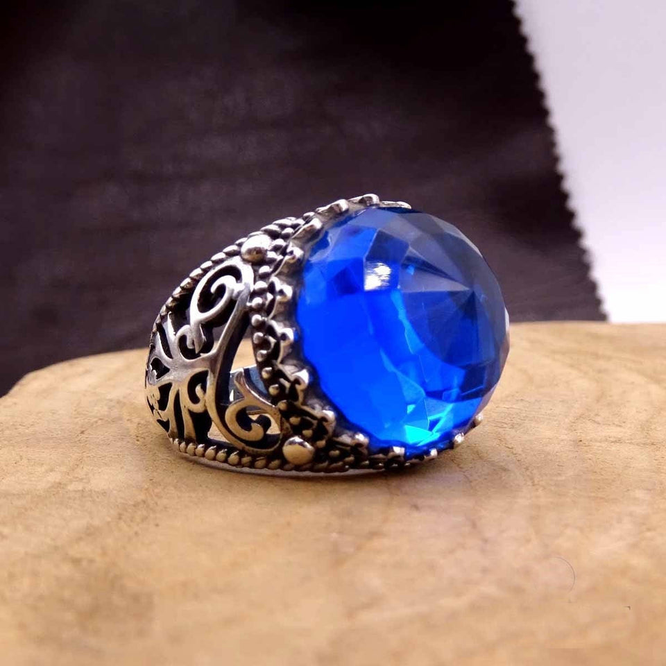 Faceted Cut Sapphire Ring - Sterling Silver Shiny Semi Precious Stone Ring - Mens oval ring - Sapphire Ring