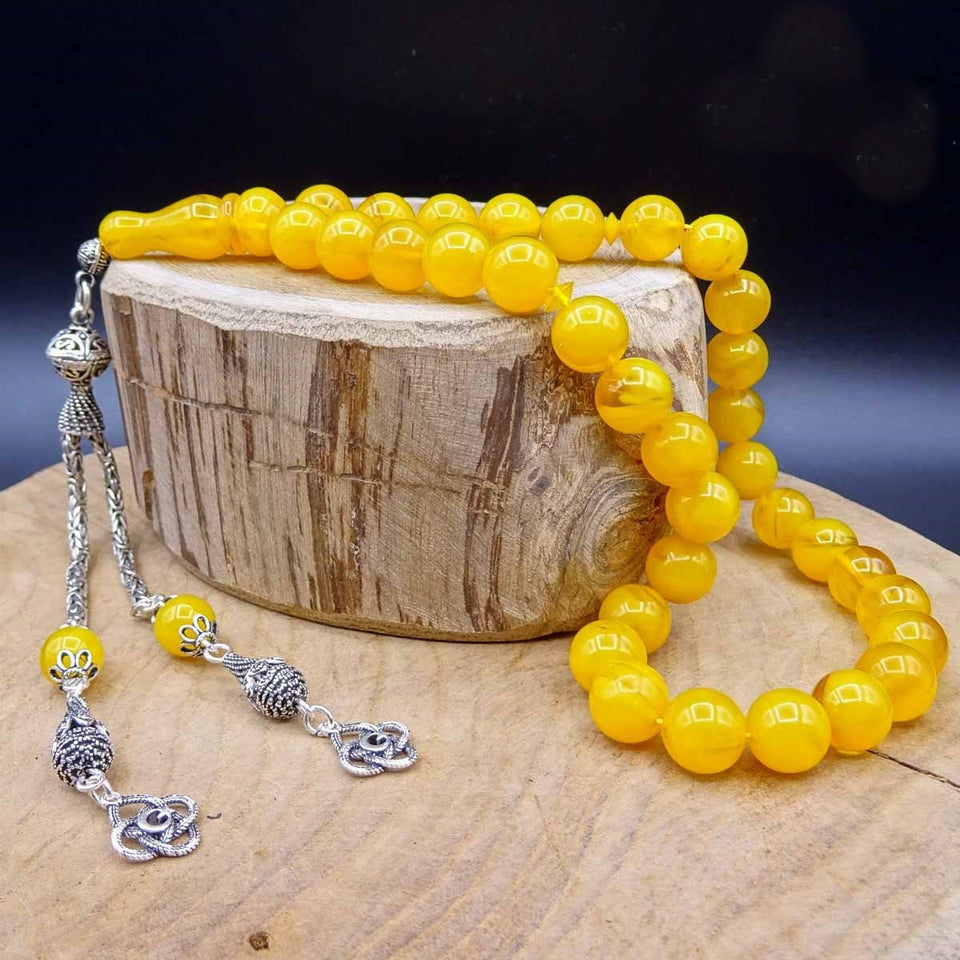 10 mm Silver Tassel Amber Tasbih, 33 Beads Tasbeeh, Muslim Prayer Beads, Misbaha, Rosary, Tesbih - islamicbazaar