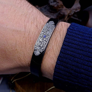 Handmade 925 Sterling Ottoman Style Vintage Bracelet, Genuine Leather Unisex Bracelet, Ottoman Calligraphy Jewelry 002