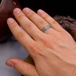 7 mm Handmade Original Pen Work Silver Ring, Plain Wedding Ring, wedding ring dish for him -silver anniversary - wedding gift