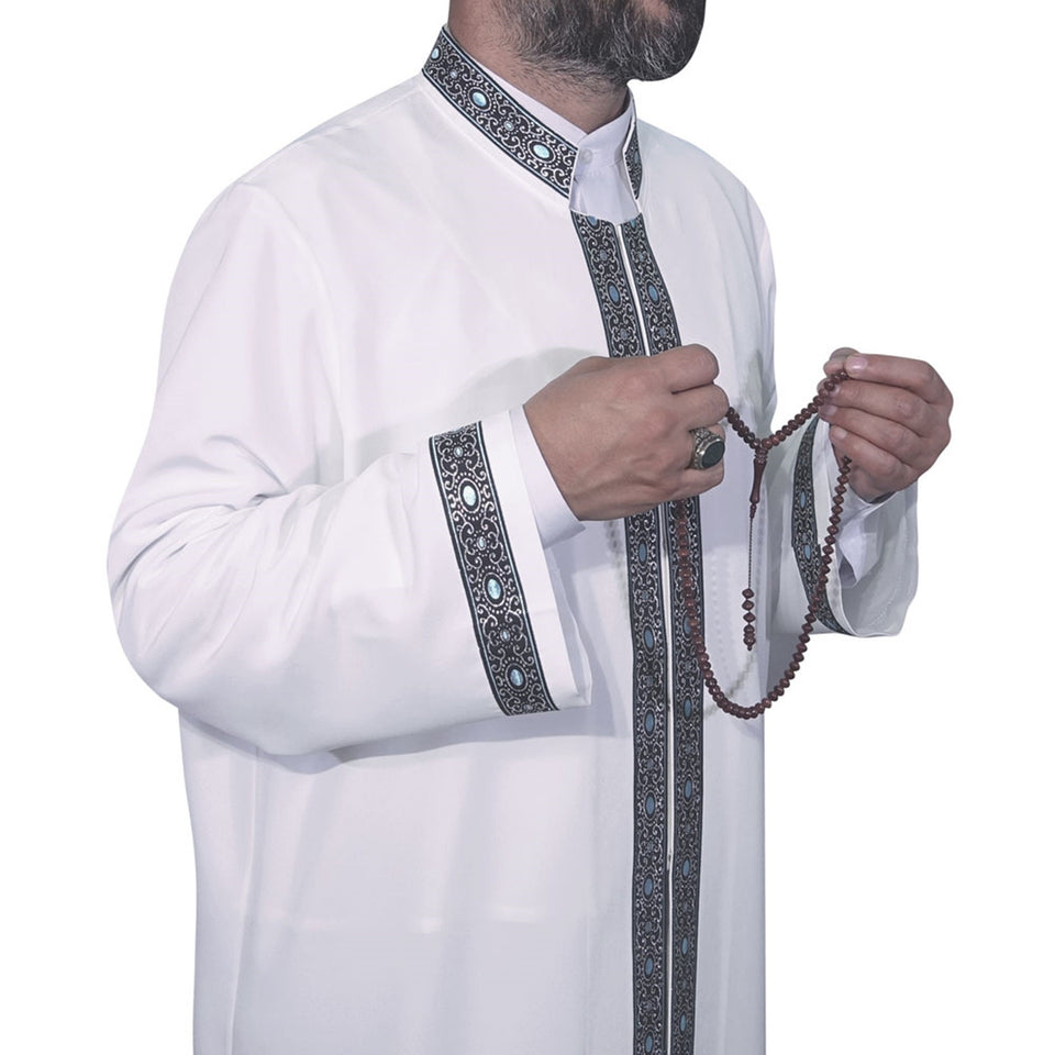 White Bordered Jubbah S, M, L, XL, XXL, XXL  Bordured Jubbah, Islamic Mens Wear, Mens Abaya, Thobe, Galabiyya, Long Kurta, Cubbe AKCN05