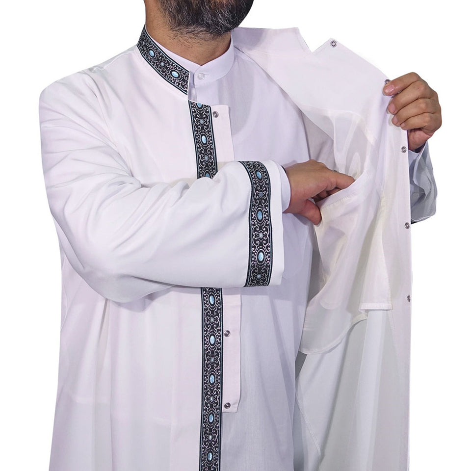 White Bordered Jubbah S, M, L, XL, XXL, XXL  Bordured Jubbah, Islamic Mens Wear, Mens Abaya, Thobe, Galabiyya, Long Kurta, Cubbe AKCN05