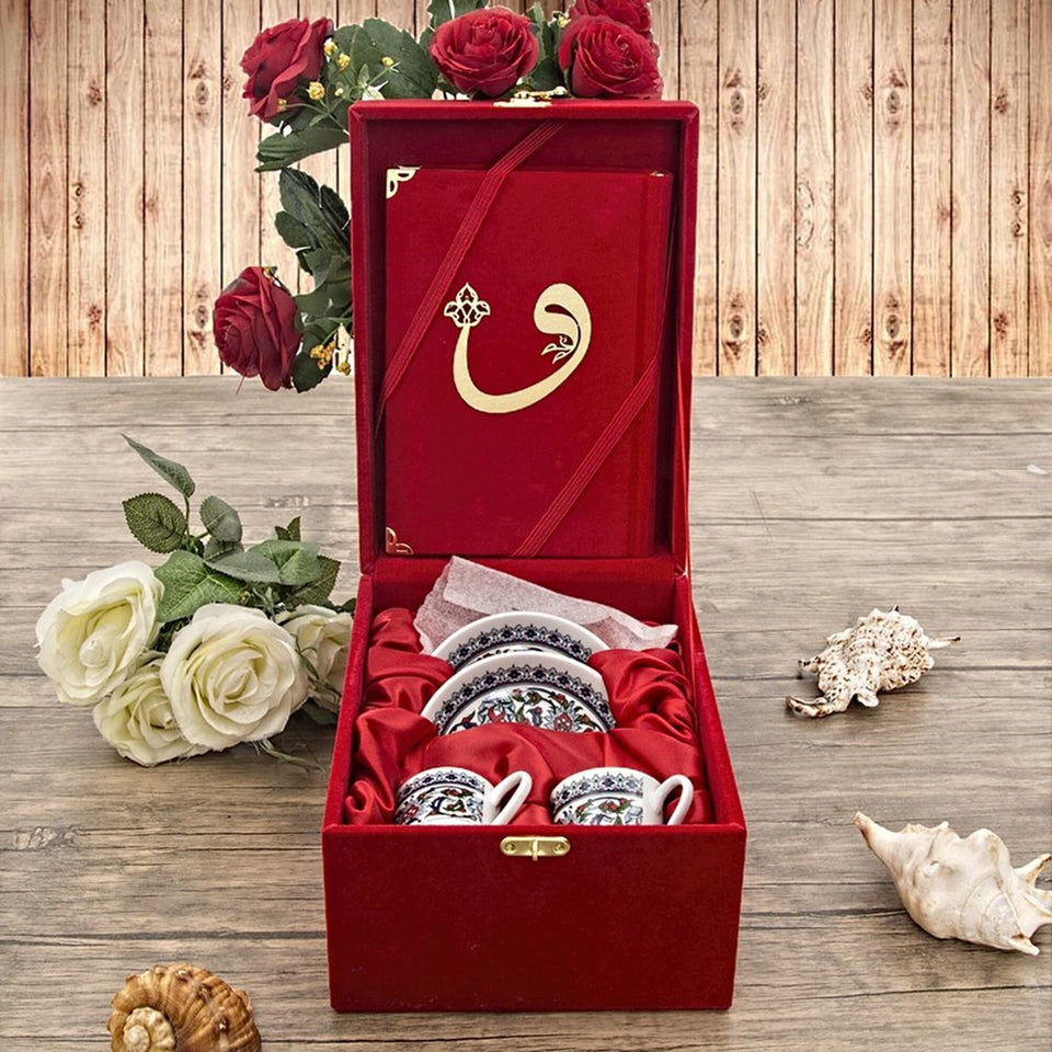 Red Ramadan Gift Box, Special Gift for Mother, Velvet Quran, Turkish Coffee Cups, Turkish Coffee Set Unique Islamic Gift MVD16