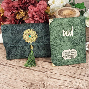10 Pcs Green Personalized Slub Surah Yaseen Bag Tasbeeh Gift Set | Eid Gift | Wedding Gift | Baby Shower Gift | Islamic Muslim Gift MVD44