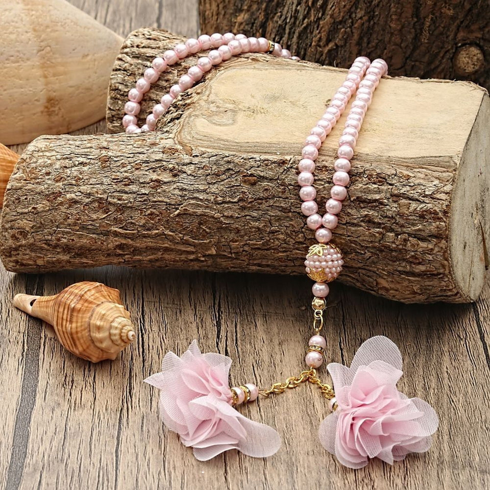 Pink Ramadan Gift Set, Cotton Shawl, Pink Prayer Mat and Pearl Bead Tasbeeh Set, Hajj Mubarak, Hajj Mabrour, Tasbeeh Sejadah Set MVD7