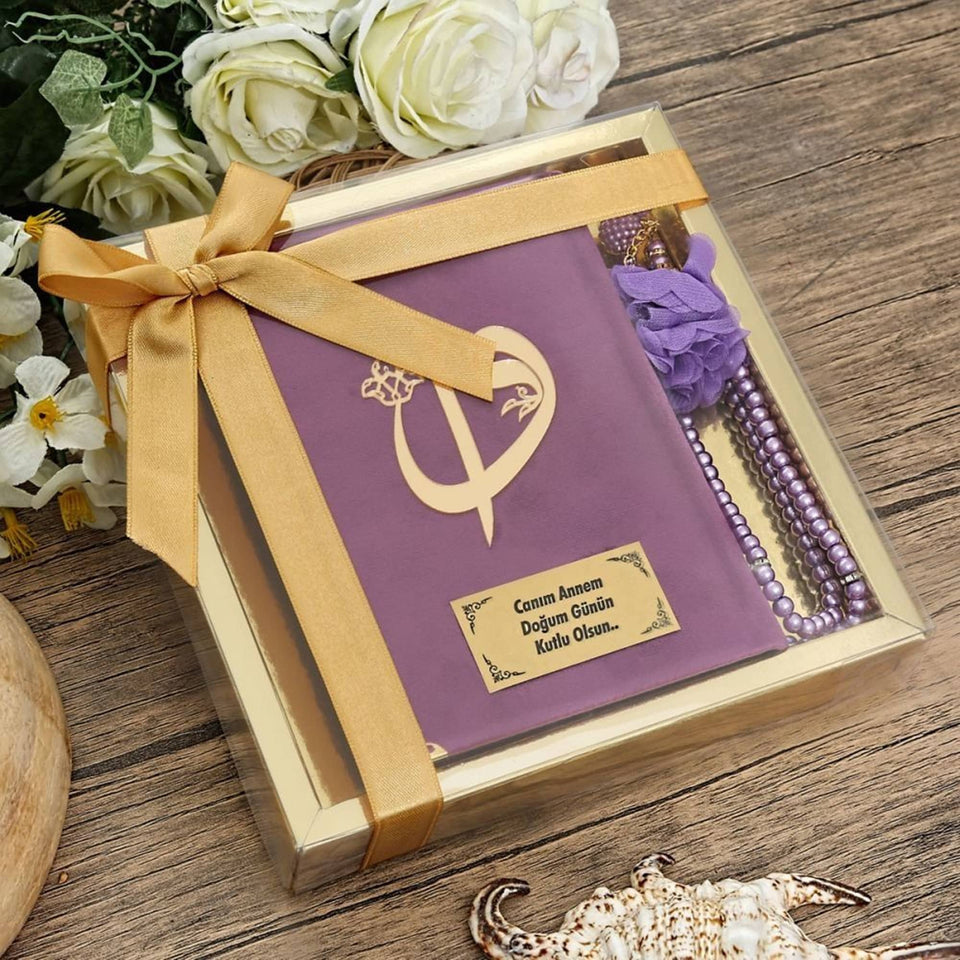 Lilac Quran Gift Set, Ramadan, Arabic Quran Book, Gold Box and PrayerBeads Set, Quran Favors, Hajj Favors, Ramadan Gifts, Ramadan Mobarak
