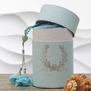 Blue Cylinder Muslimah Gift Set, Shawl and Pearl Bead Tasbeeh Set, Housewarming Gift, Hajj Mabrour Gift Set MVD26