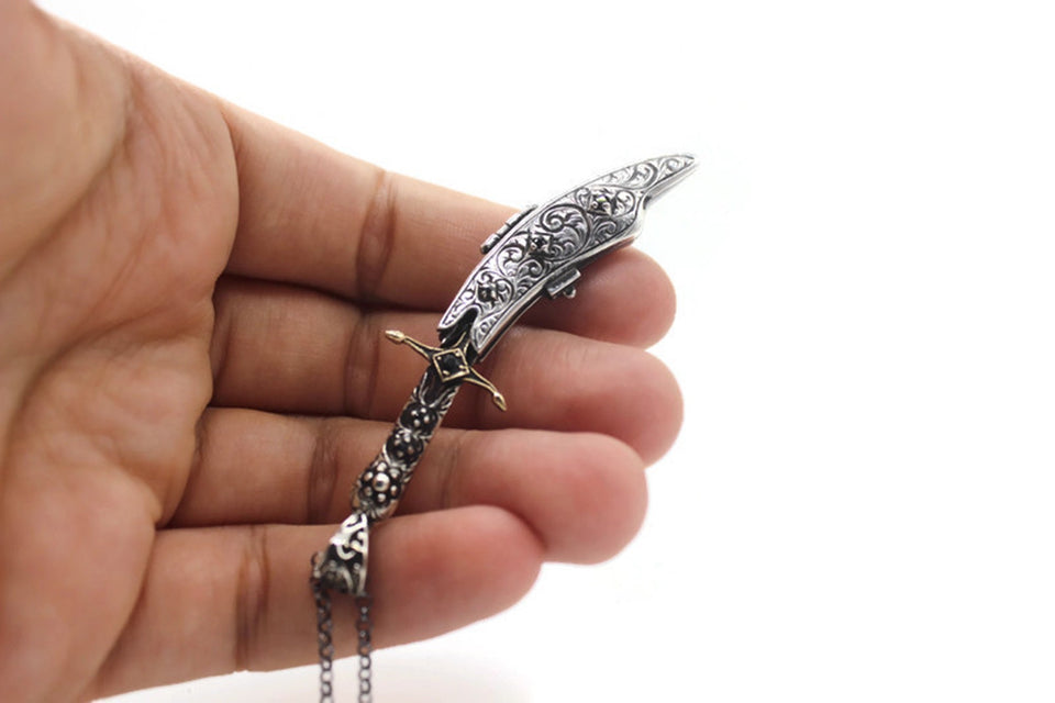 Personalised 925 Sterling Silver Ottoman Sword Necklace, Sword Pendant with its Scabbard, Ottoman Calligraphy Jewelry, Custom Jewelry
