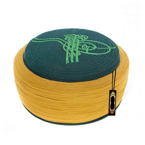 Hand Made Islamic Prayer Hat - Green Tughra Emroidered mustard Kufi- Koofi imamah Cap - muslim skul cap - Islamic cap - Sarik -