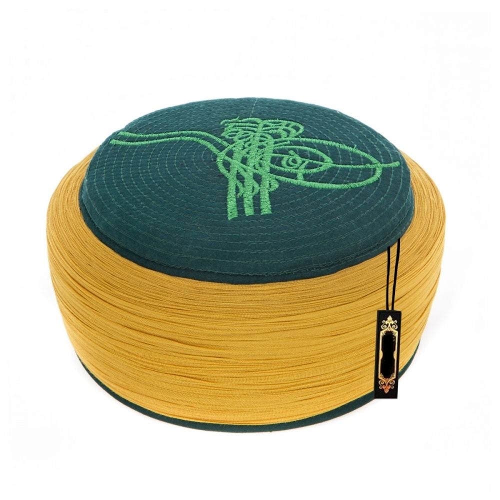 Hand Made Islamic Prayer Hat - Green Tughra Emroidered mustard Kufi- Koofi imamah Cap - muslim skul cap - Islamic cap - Sarik -