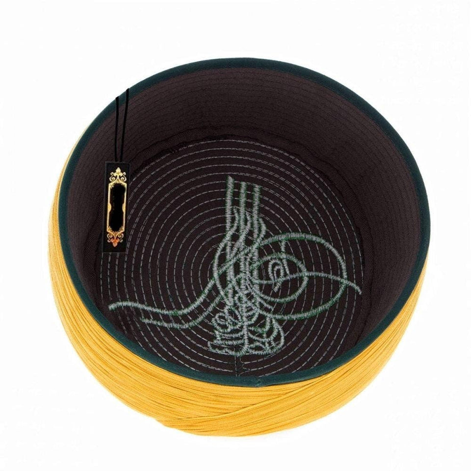 Hand Made Islamic Prayer Hat - Green Tughra Emroidered mustard Kufi- Koofi imamah Cap - muslim skul cap - Islamic cap - Sarik -