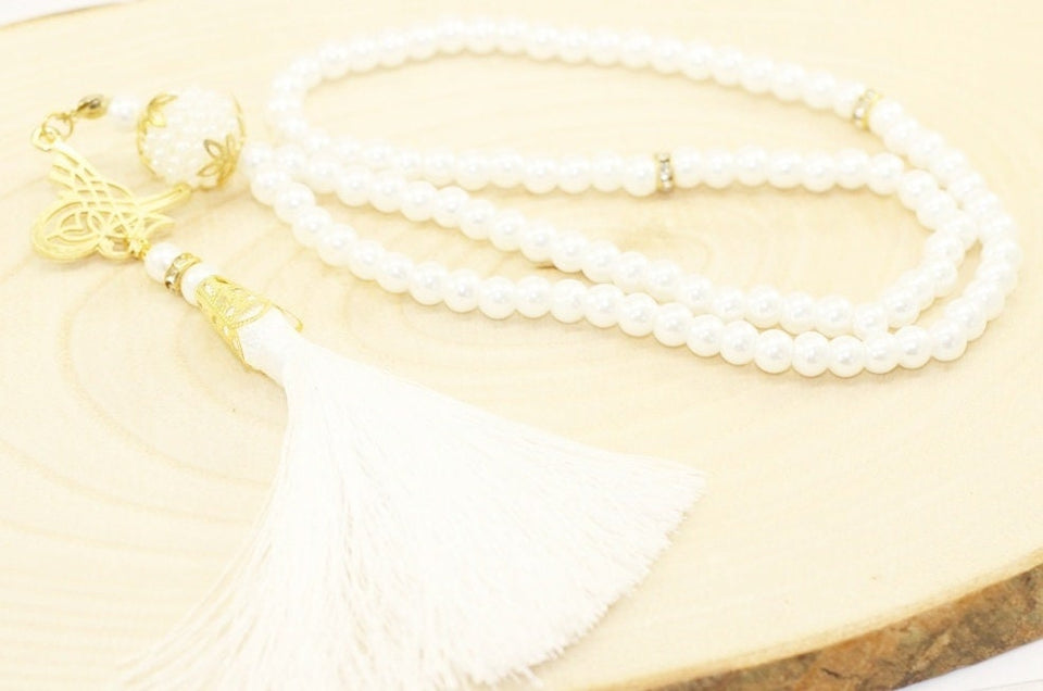 White Misbahas, prayer beads with letter, Islamic Prayer Beads 99 Misbaha, Masbaha, Tasbih, 6mm beads, Tasbeeh with Letter, TSSI