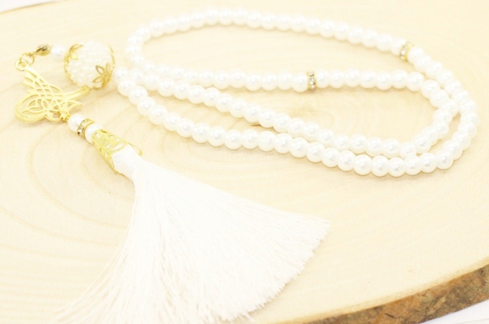 White Misbahas, prayer beads with letter, Islamic Prayer Beads 99 Misbaha, Masbaha, Tasbih, 6mm beads, Tasbeeh with Letter, TSSI