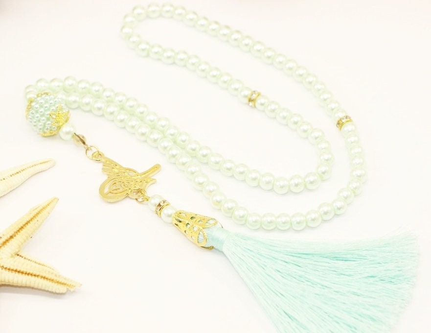 Menthol Green Misbahas, prayer beads with letter, Islamic Prayer Beads 99 Misbaha, Masbaha, Tasbih, 6mm beads, Tasbeeh with Letter, TSSI