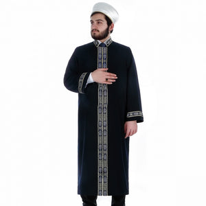Muntanaa Mens Islamic Wear Navy Blue Thobe with Bordures | Navy blue Long Kurta | Jubbah | Galabiyya | Jubbah | Muslim Long Kurta