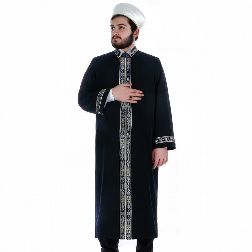 Muntanaa Mens Islamic Wear Navy Blue Thobe with Bordures | Navy blue Long Kurta | Jubbah | Galabiyya | Jubbah | Muslim Long Kurta
