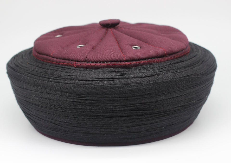 Ahli Tariq Claret Red & Black 6 m Cloth islamic wear Kufi imamah with holes, Skull Cap taqiyah hat, Handmade Imamah Sharif, Muslim skullcap