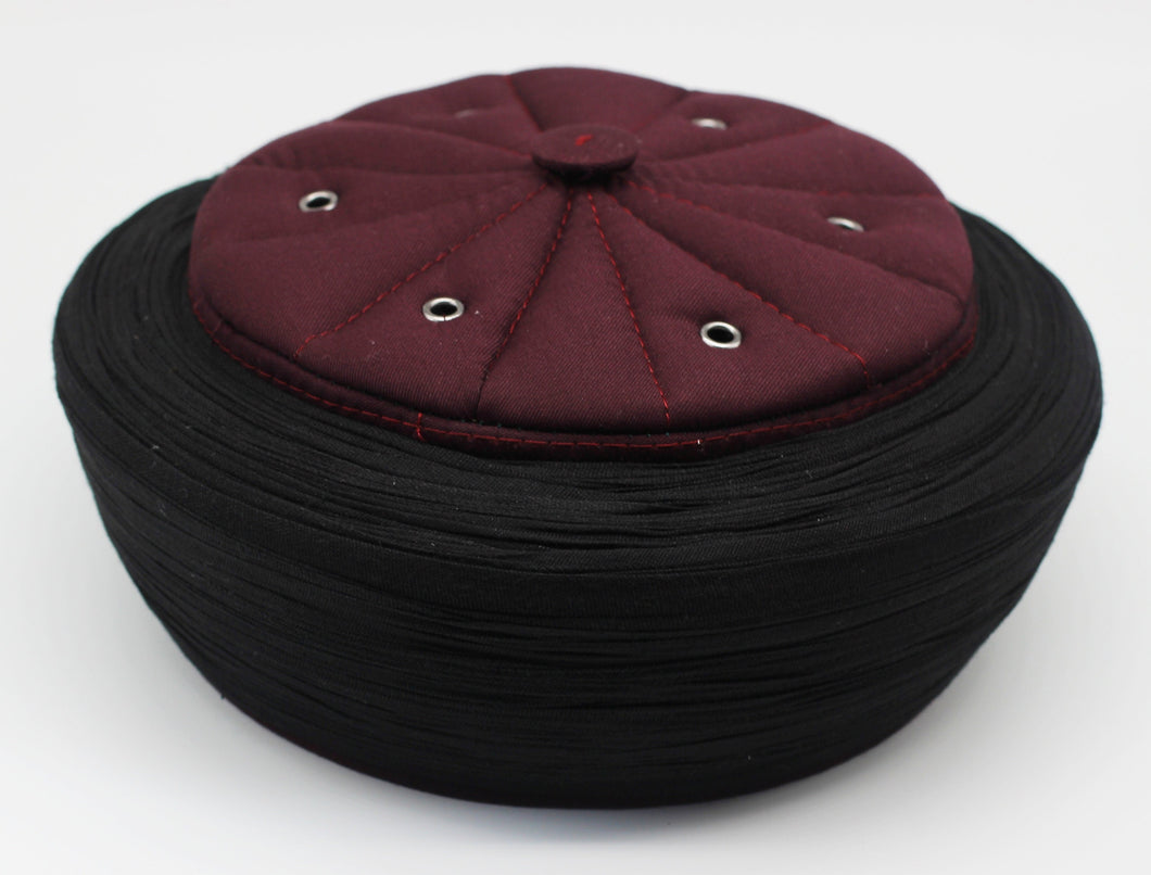 Ahli Tariq Claret Red & Black 6 m Cloth islamic wear Kufi imamah with holes, Skull Cap taqiyah hat, Handmade Imamah Sharif, Muslim skullcap