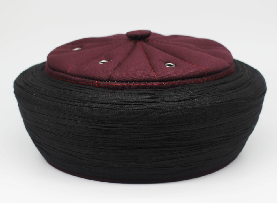 Ahli Tariq Claret Red & Black 6 m Cloth islamic wear Kufi imamah with holes, Skull Cap taqiyah hat, Handmade Imamah Sharif, Muslim skullcap