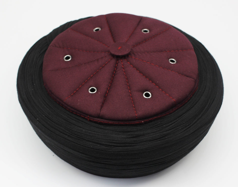 Ahli Tariq Claret Red & Black 6 m Cloth islamic wear Kufi imamah with holes, Skull Cap taqiyah hat, Handmade Imamah Sharif, Muslim skullcap