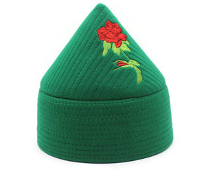 Light Green Haqqani Kufi with Rose, Rose Embroidery Prayer Hat, Mens Islamic Kufi Hat
