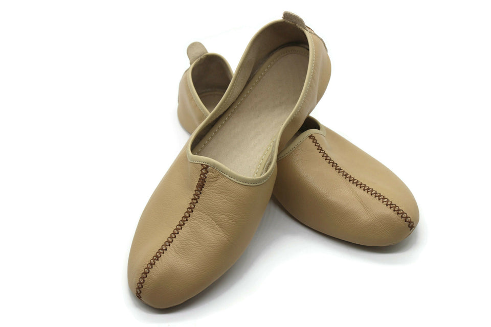 Genuine Leather Cream Babouche Slippers Handmade from Soft Leather, Traditional babouche slippers, WOMENS traditional shoes, Home Shoes