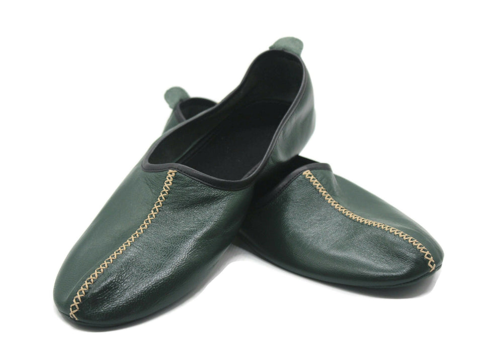 Genuine Leather Green Babouche Slippers Handmade from Soft Leather, Traditional babouche slippers, WOMENS traditional shoes, Home Shoes