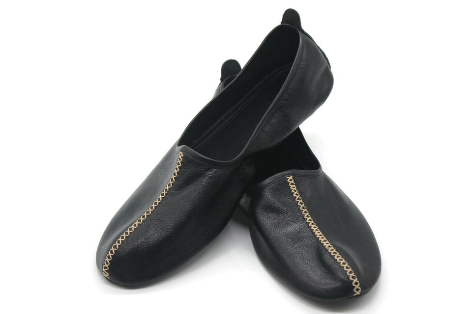 Genuine Leather Black Babouche Slippers Handmade from Soft Leather, Traditional babouche slippers, MENS traditional shoes, Home Shoes