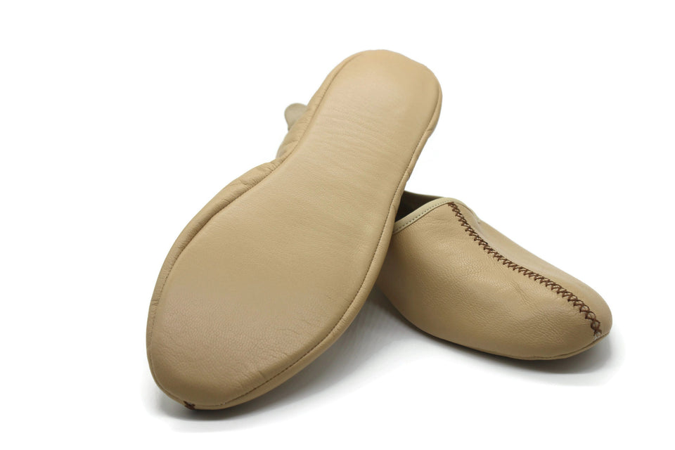 Genuine Leather Cream Babouche Slippers Handmade from Soft Leather, Traditional babouche slippers, WOMENS traditional shoes, Home Shoes