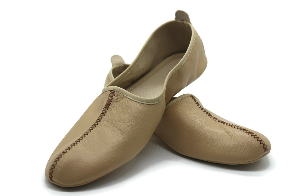 Genuine Leather Cream Babouche Slippers Handmade from Soft Leather, Traditional babouche slippers, WOMENS traditional shoes, Home Shoes