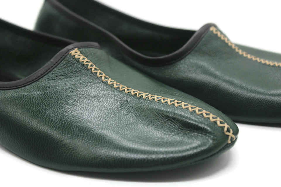 Genuine Leather Green Babouche Slippers Handmade from Soft Leather, Traditional babouche slippers, WOMENS traditional shoes, Home Shoes