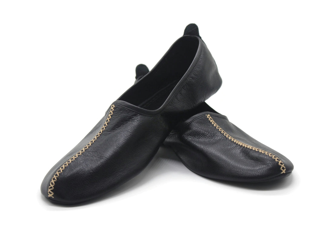 Genuine Leather Black Babouche Slippers Handmade from Soft Leather, Traditional babouche slippers, MENS traditional shoes, Home Shoes