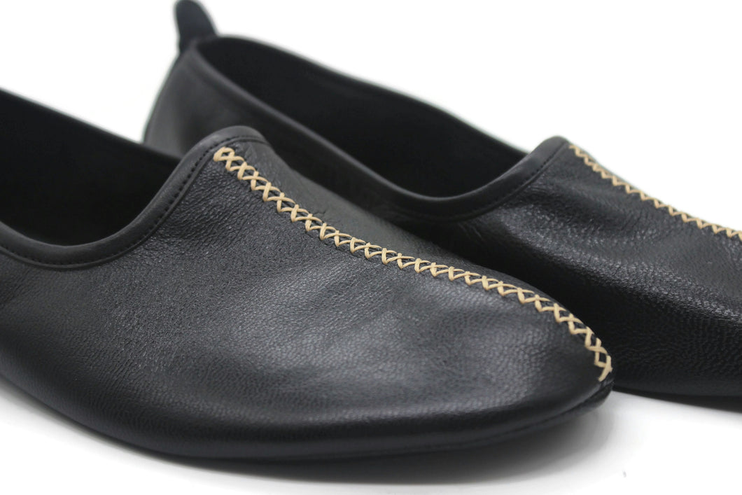 Genuine Leather Black Babouche Slippers WOMEN SIZE Handmade from Soft Leather, Traditional babouche slippers, Home Shoes