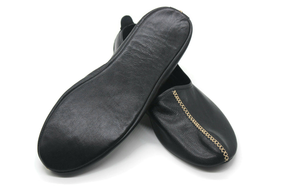 Genuine Leather Black Babouche Slippers WOMEN SIZE Handmade from Soft Leather, Traditional babouche slippers, Home Shoes