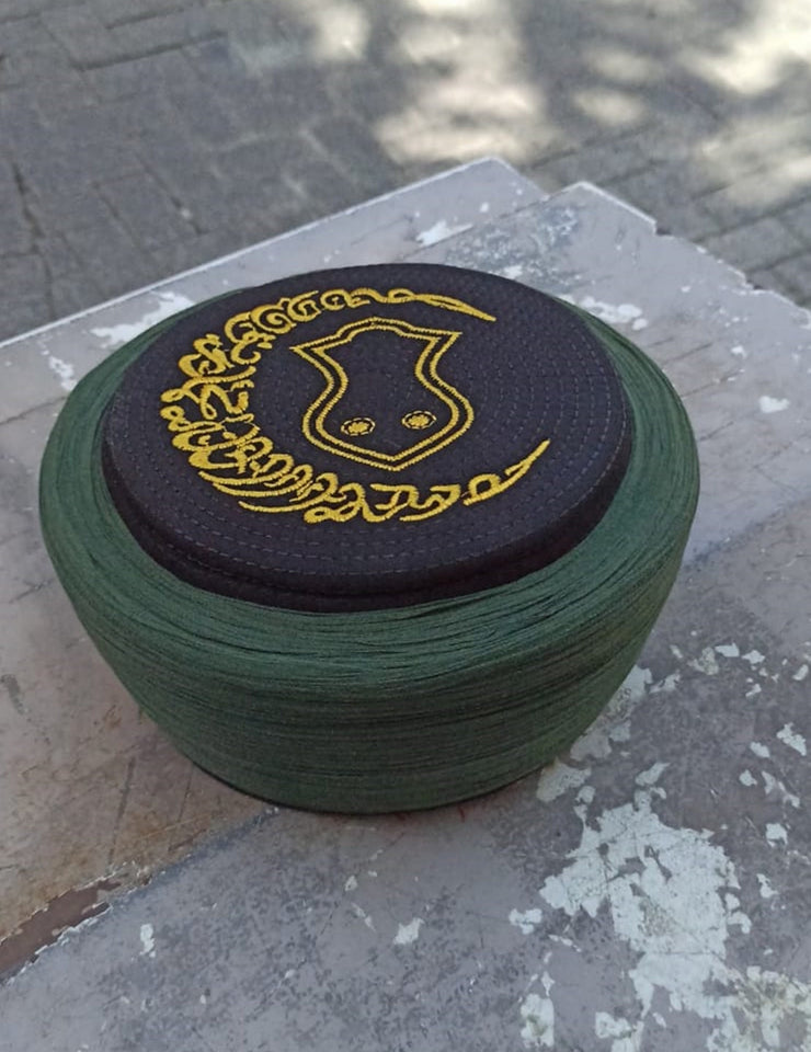 Handmade Black & Green Sarik, Takke, Islam Prayer Hat with embroidered Crescent Kofi, Kufi Cap, صلاة, Muslim Men's Hat Cap, imamah