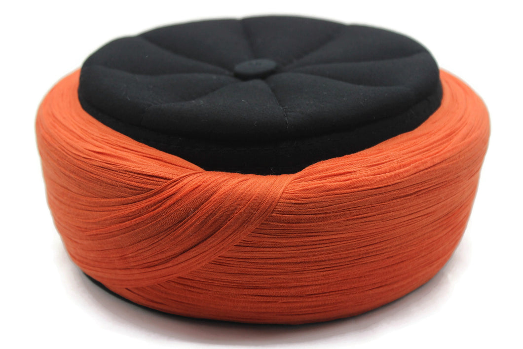Ahli Tariq Orange & Black 6 m Cloth islamic wear Kufi imamah with holes, Skull Cap taqiyyah hat, Handmade Imamah Sharif, Muslim skullcap