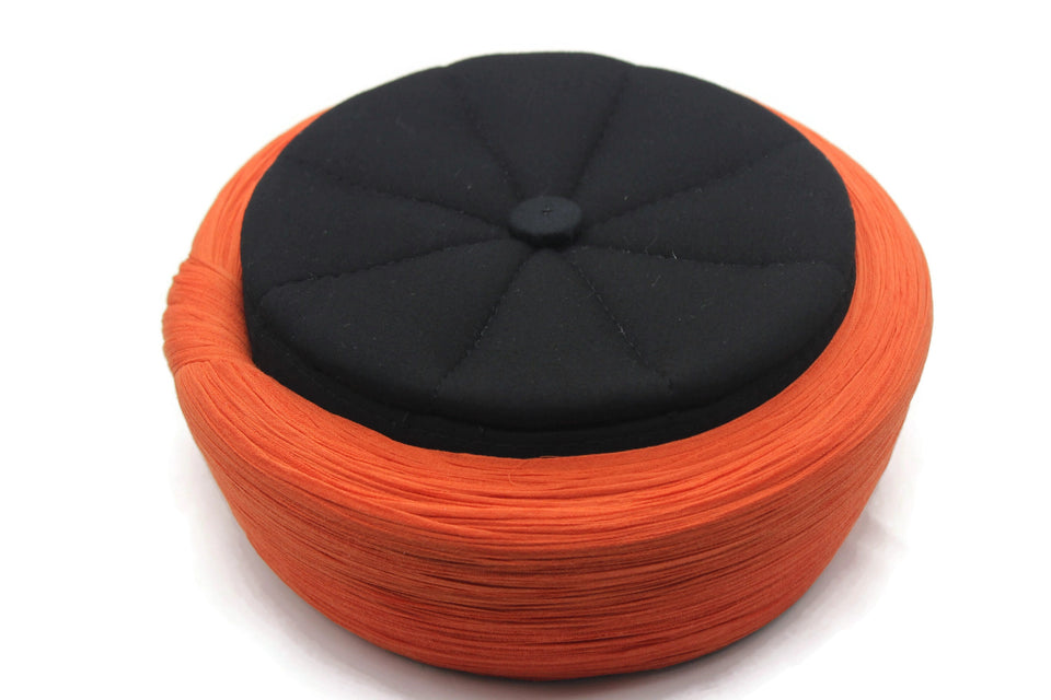 Ahli Tariq Orange & Black 6 m Cloth islamic wear Kufi imamah with holes, Skull Cap taqiyyah hat, Handmade Imamah Sharif, Muslim skullcap