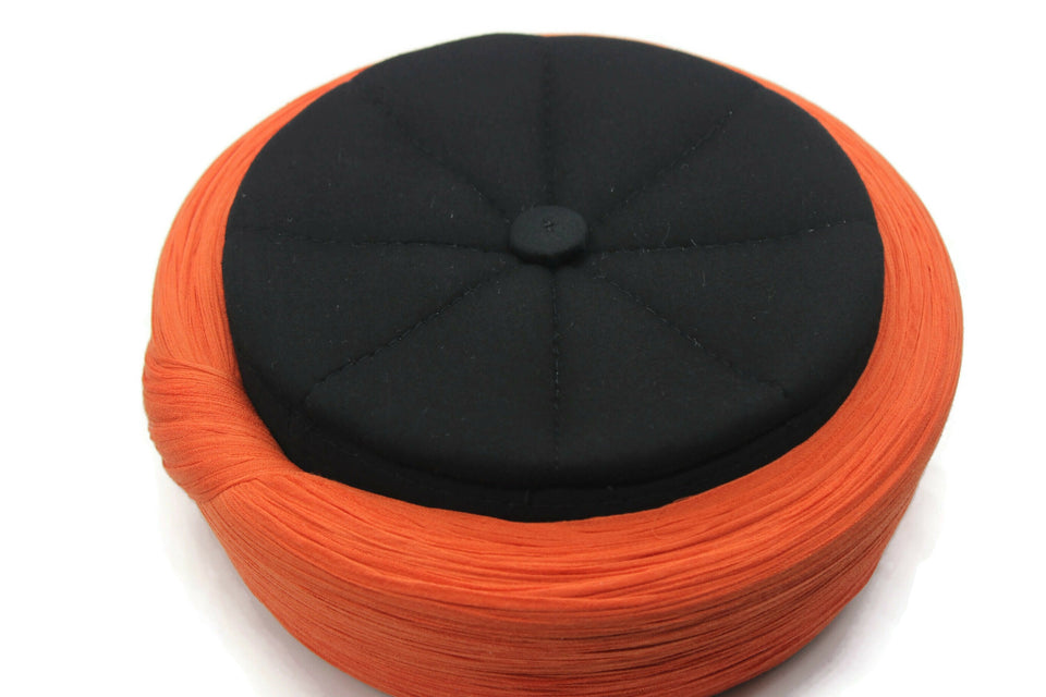 Ahli Tariq Orange & Black 6 m Cloth islamic wear Kufi imamah with holes, Skull Cap taqiyyah hat, Handmade Imamah Sharif, Muslim skullcap