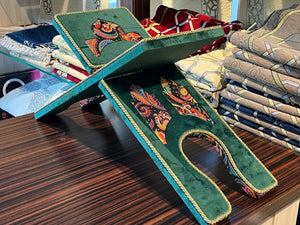 Green Velvet Cover Holy Quran Reading Desk | Quran Holder Book Stand Rihal Rehal | Wooden Quran Stand Lectern