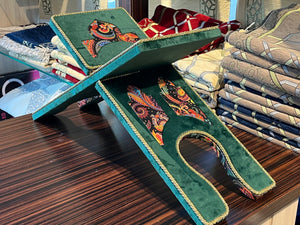 Green Velvet Cover Holy Quran Reading Desk | Quran Holder Book Stand Rihal Rehal | Wooden Quran Stand Lectern
