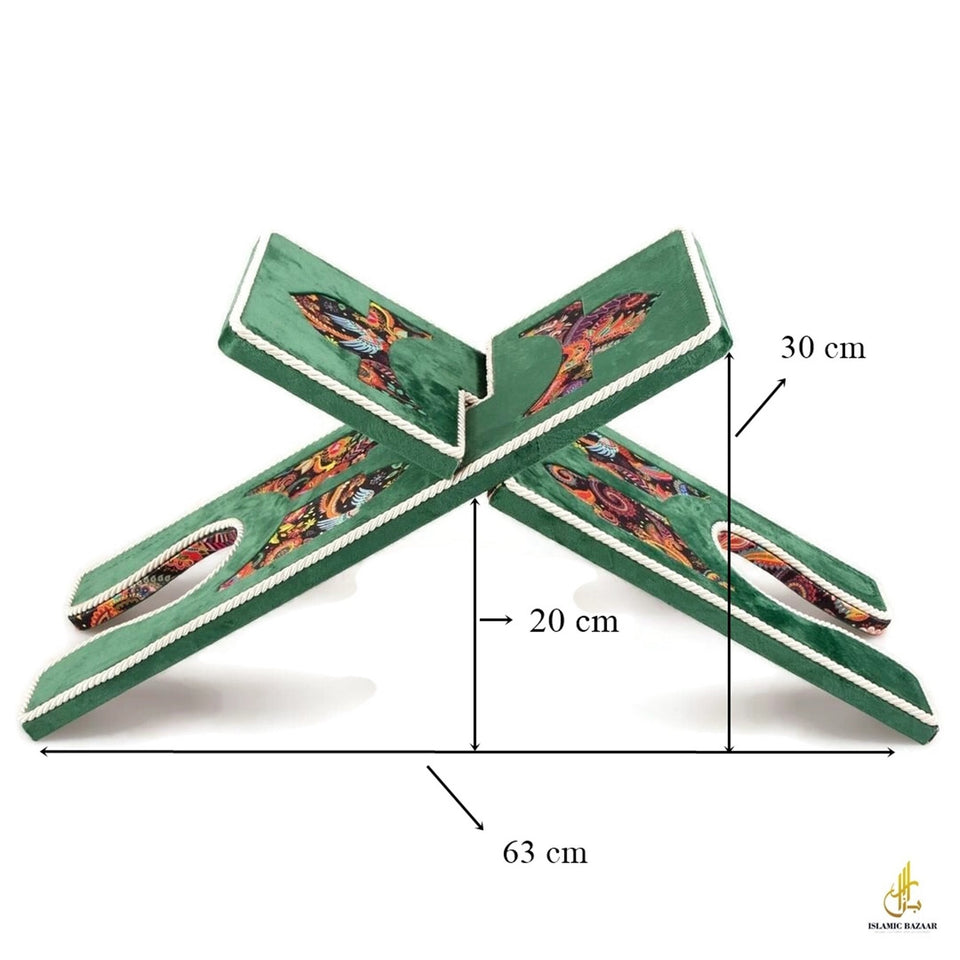 Green Velvet Cover Holy Quran Reading Desk | Quran Holder Book Stand Rihal Rehal | Wooden Quran Stand Lectern