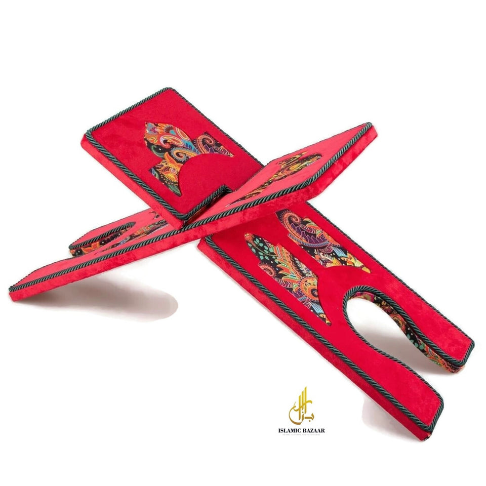 Red Velvet Cover Holy Quran Reading Desk | Quran Holder Book Stand Rihal Rehal | Wooden Quran Stand Lectern | Islamic Gift