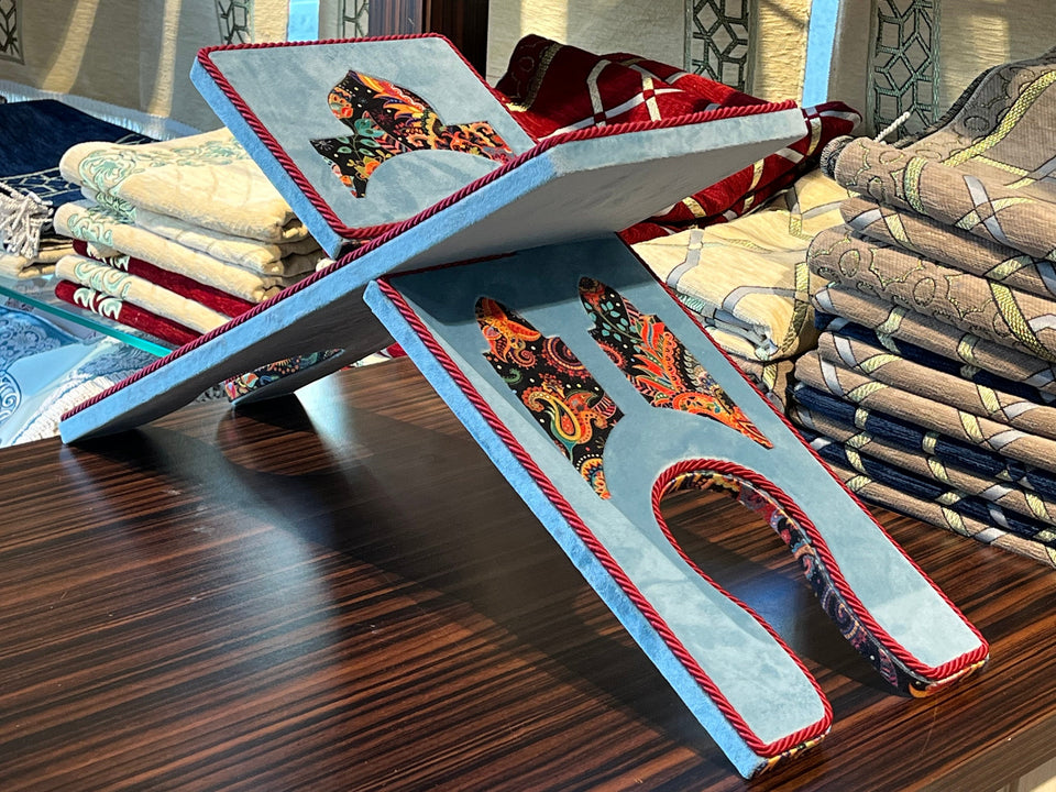 Blue Velvet Cover Holy Quran Reading Desk | Quran Holder Book Stand Rihal Rehal | Wooden Quran Stand Lectern | Islamic Gift
