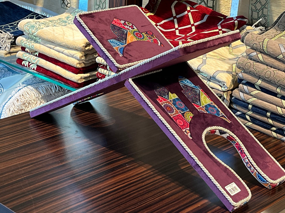 Purple Velvet Cover Holy Quran Reading Desk | Quran Holder Book Stand Rihal Rehal | Wooden Quran Stand Lectern